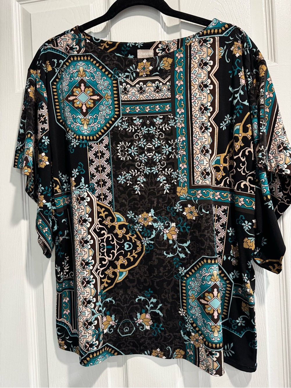 Chico's Black Teal and Gold Floral Patchwork Short Sleeve Shirt